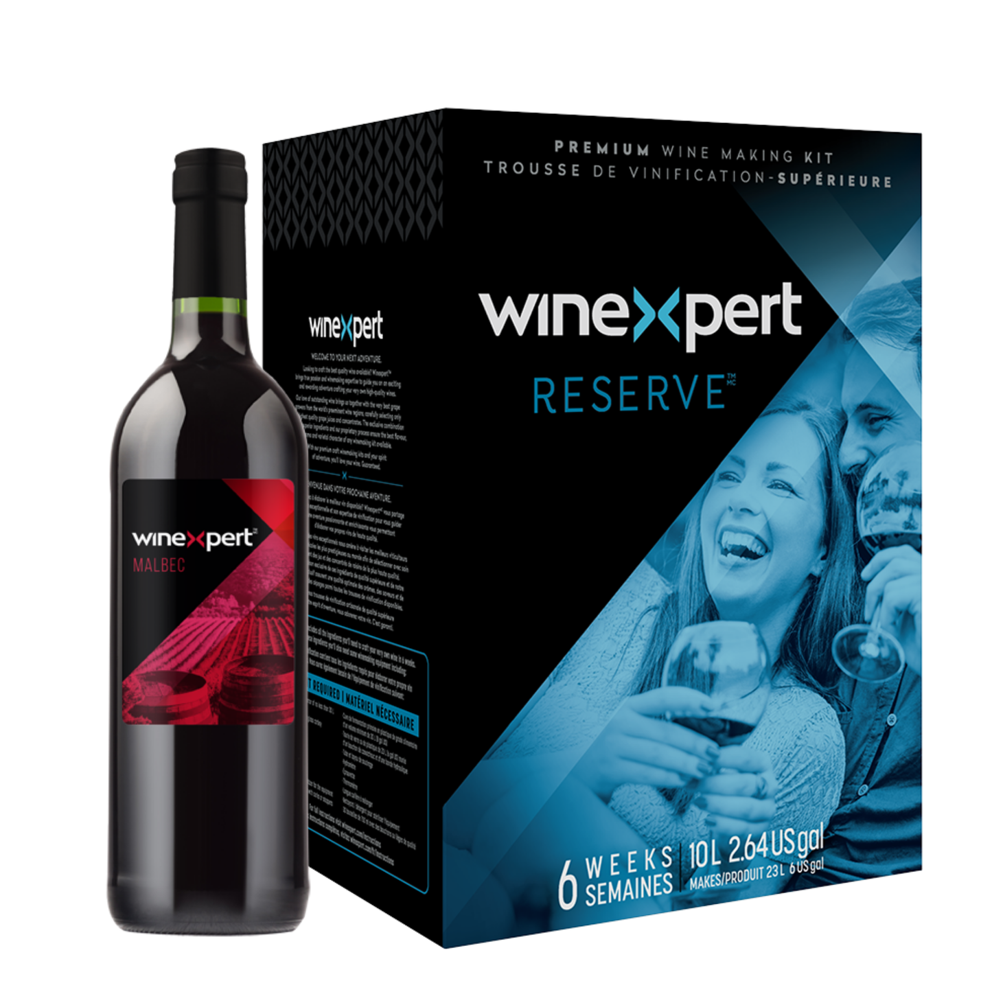 Winexpert Reserve Malbec (Argentine) – kit pour faire du vin rouge 23 L avec boîte, bouteille et étiquette.