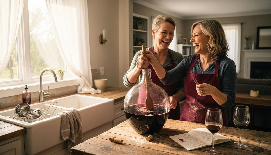 Un couple prépare son vin maison dans une cuisine baignée de soleil, partageant un moment convivial et authentique.