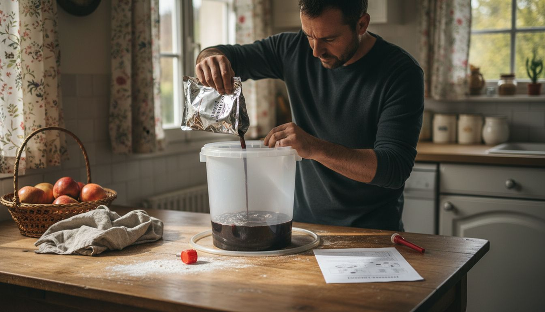 Un homme prépare son propre vin dans sa cuisine grâce à un kit d’œnologie.
