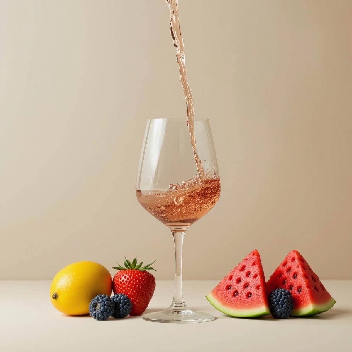 Verre de vin fruité avec vin rosé qui coule avec fruits tropicaux à côté – kits de vin fruité maison