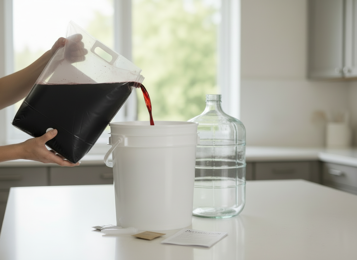 personne qui verse du jus de raison dans un cuve pour fabrication de vin maison. Tourie et ingrédients pour fermentation de vin