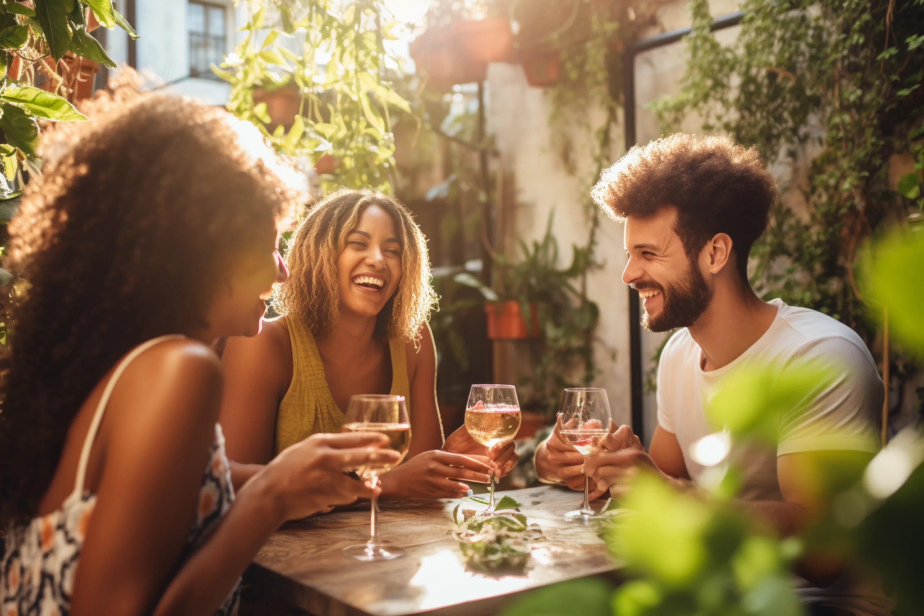 Groupe d'amis réuni dans une terrasse maison qui déguste du vin fait maison