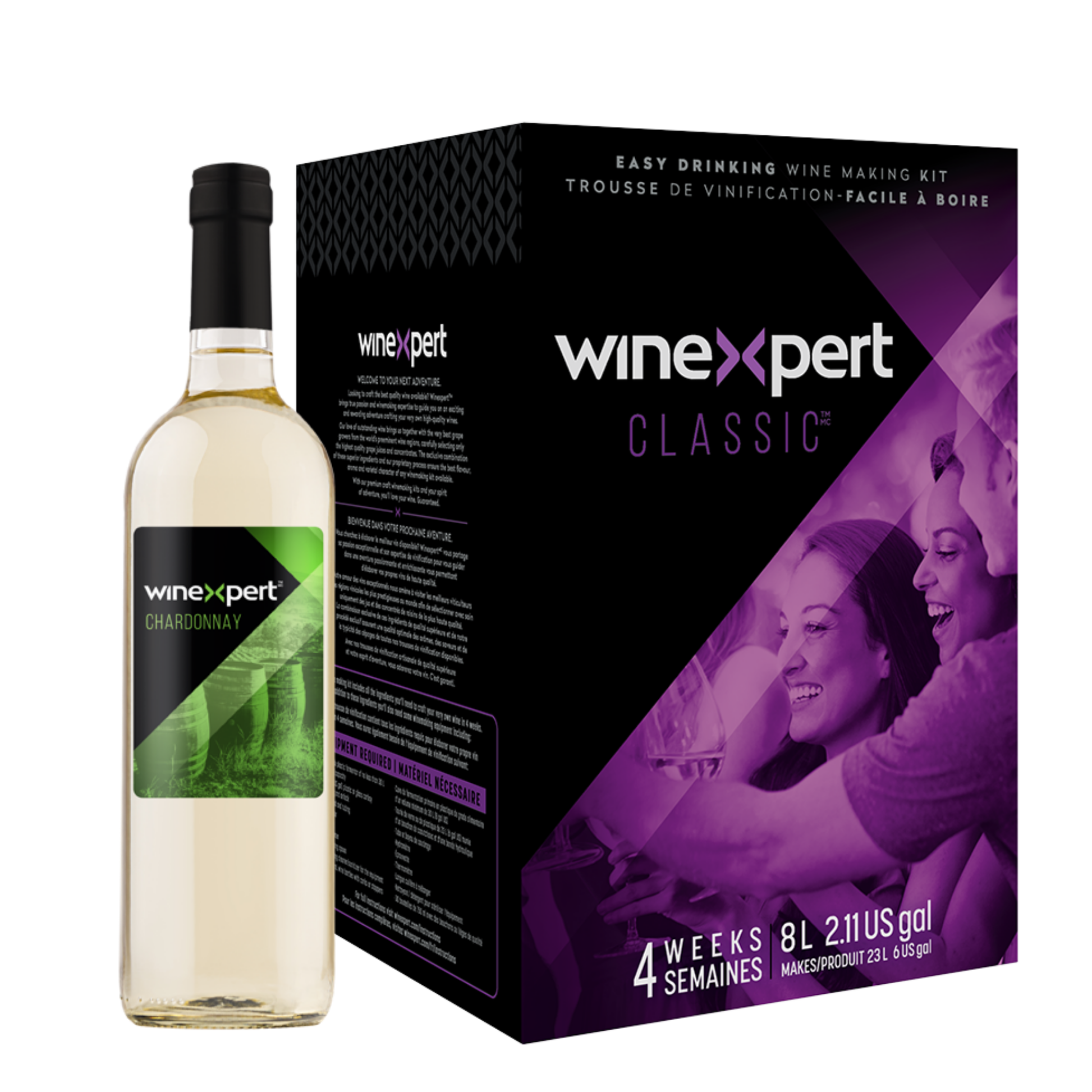 Kit de fabrication de vin blanc Winexpert Classic Chardonnay – trousse de vinification artisanale pour créer 23 L de vin de qualité comparable à ceux de la SAQ, vendu chez Les Plaisirs du Vin.
