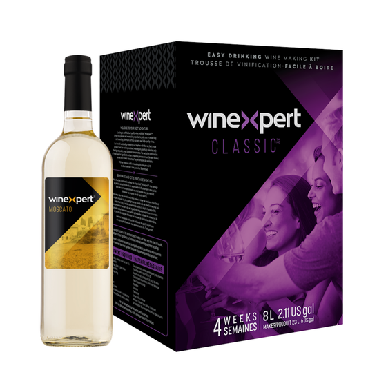 Kit de fabrication de vin blanc Winexpert Classic Moscato – trousse de vinification artisanale pour créer 23 L de vin de qualité comparable à ceux de la SAQ, vendu chez Les Plaisirs du Vin.
