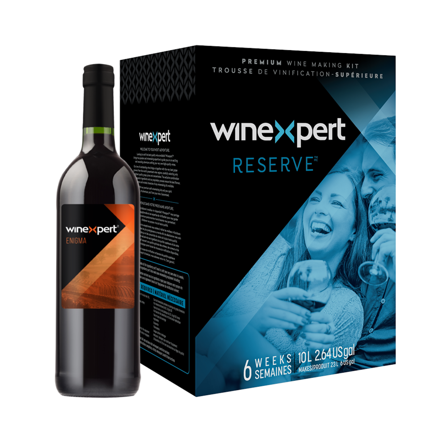 Winexpert Reserve Enigma (Californie) – kit pour faire du vin rouge 23 L avec boîte, bouteille et étiquette.