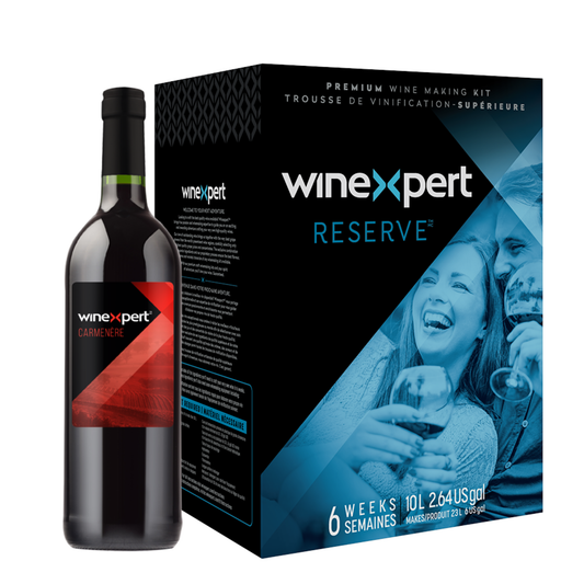 Winexpert Reserve Carmenère (Chili) – kit pour faire du vin rouge 23 L avec boîte, bouteille et étiquette.