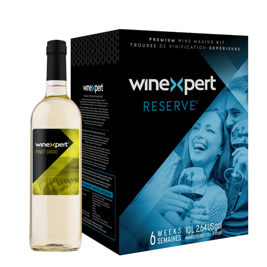 Winexpert Reserve Pinot Grigio (Italie) – kit pour faire du vin blanc 23 L avec boîte, bouteille et étiquette.