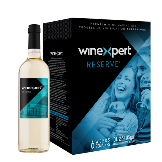 Trousse de vinification premium Winexpert Reserve avec bouteille de vin rouge et boîte du kit (Riesling)