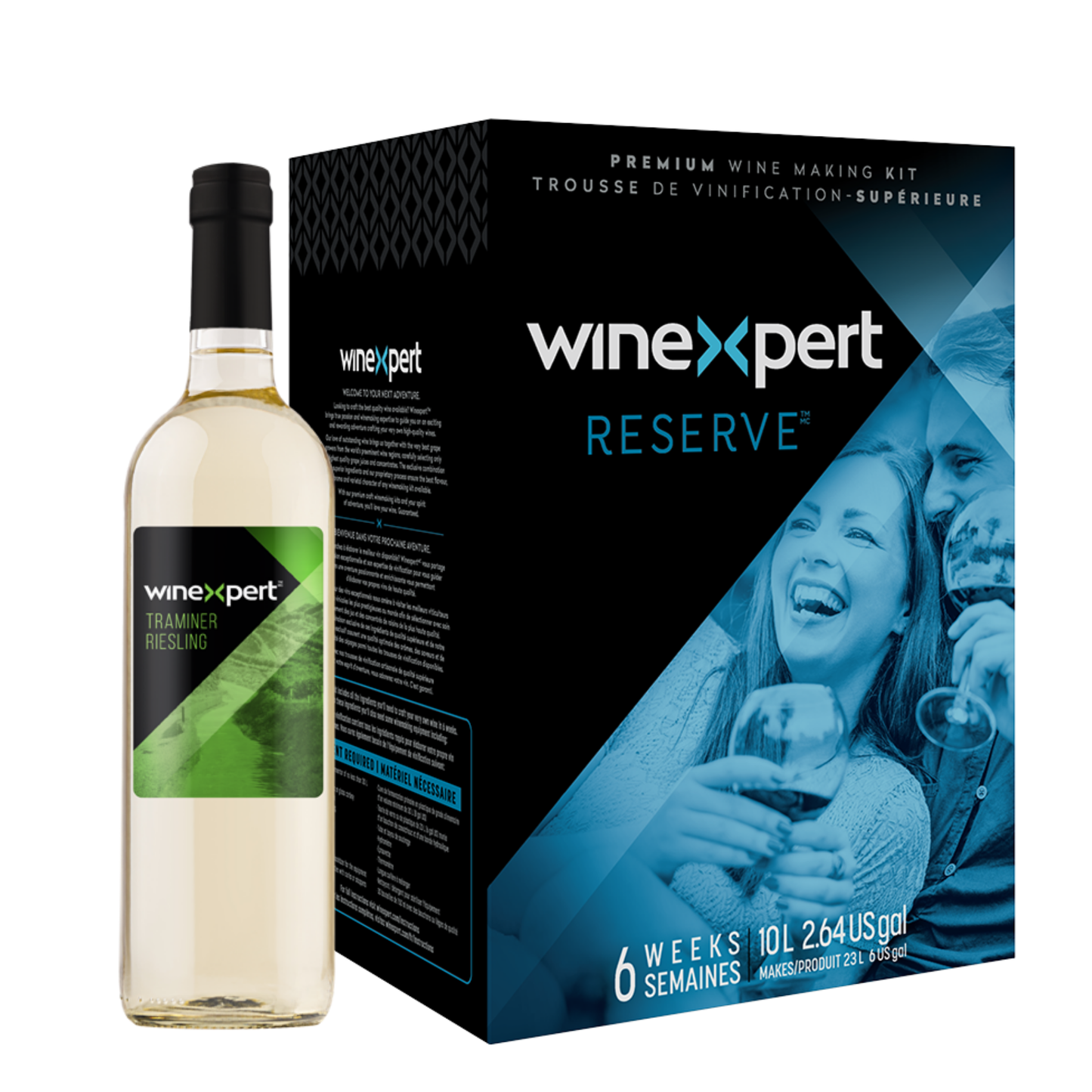 Trousse de vinification premium Winexpert Reserve avec bouteille de vin rouge et boîte du kit (Taminer Riesling)