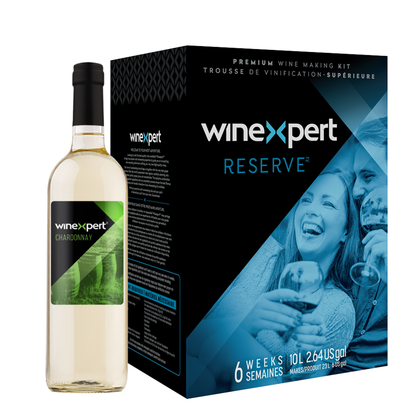 Winexpert Reserve Chardonnay (Australie) – kit pour faire du vin blanc 23 L avec boîte, bouteille et étiquette.