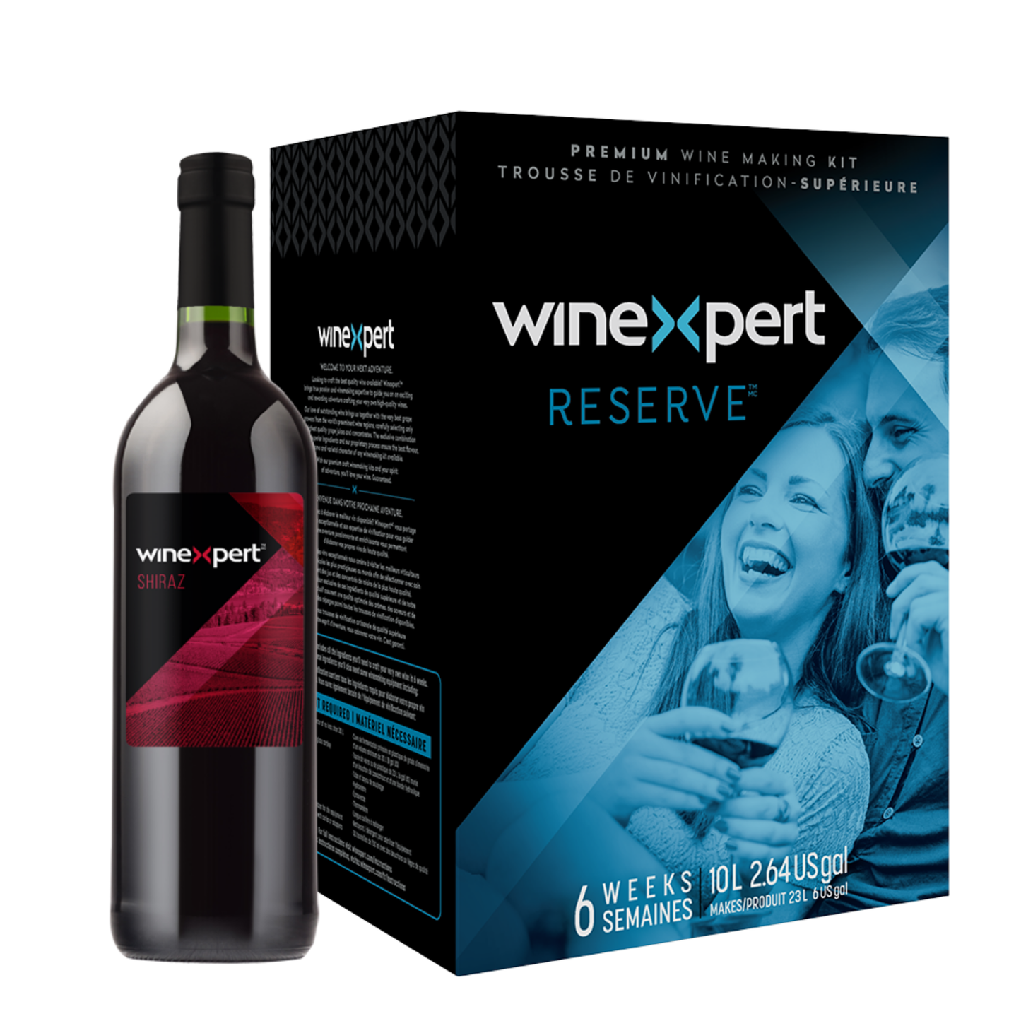 Trousse de vinification premium Winexpert Reserve avec bouteille de vin rouge et boîte du kit (Shiraz)