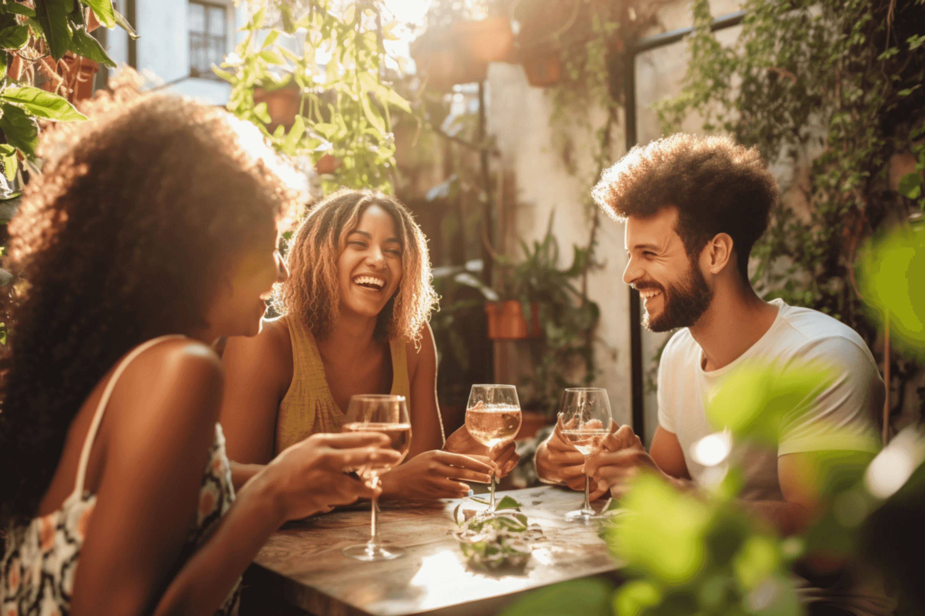 Groupe d'amis réuni dans une terrasse maison qui déguste du vin fait maison